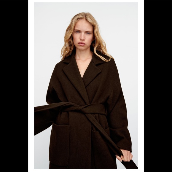 NWT ZARA BELTED WOOL COAT SZ XS WRAP COAT BROWN - Picture 2 of 9